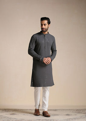 alt message - Manyavar Men Light Grey Chikankari Kurta Set image number 1